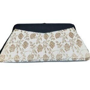 VTG Metallic Gold Rose Lame Beige Trapezoid Clutch Bag Purse Convertible Clutch